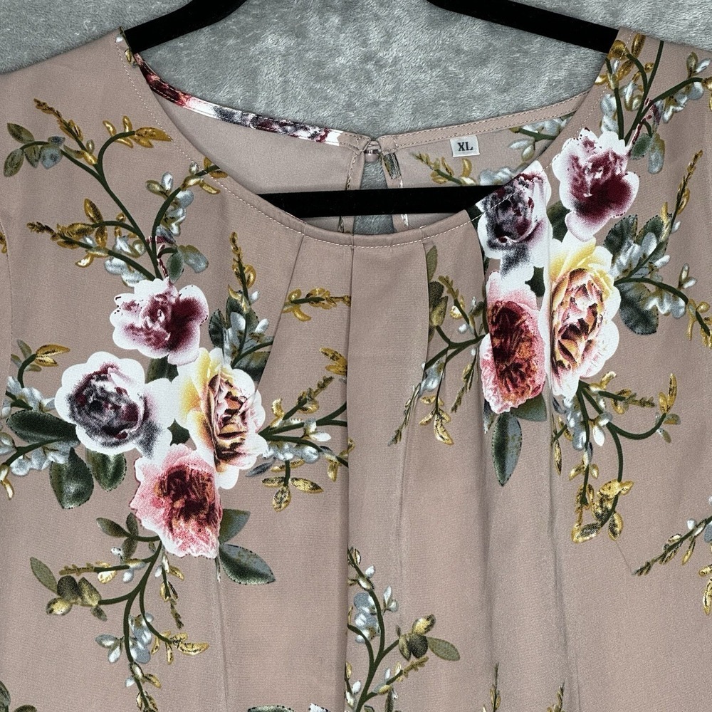 Amazon XL Top Shirt Brown Floral Flower Cap Short Sleeve Round Neck Stretch‎ - Picture 3 of 8